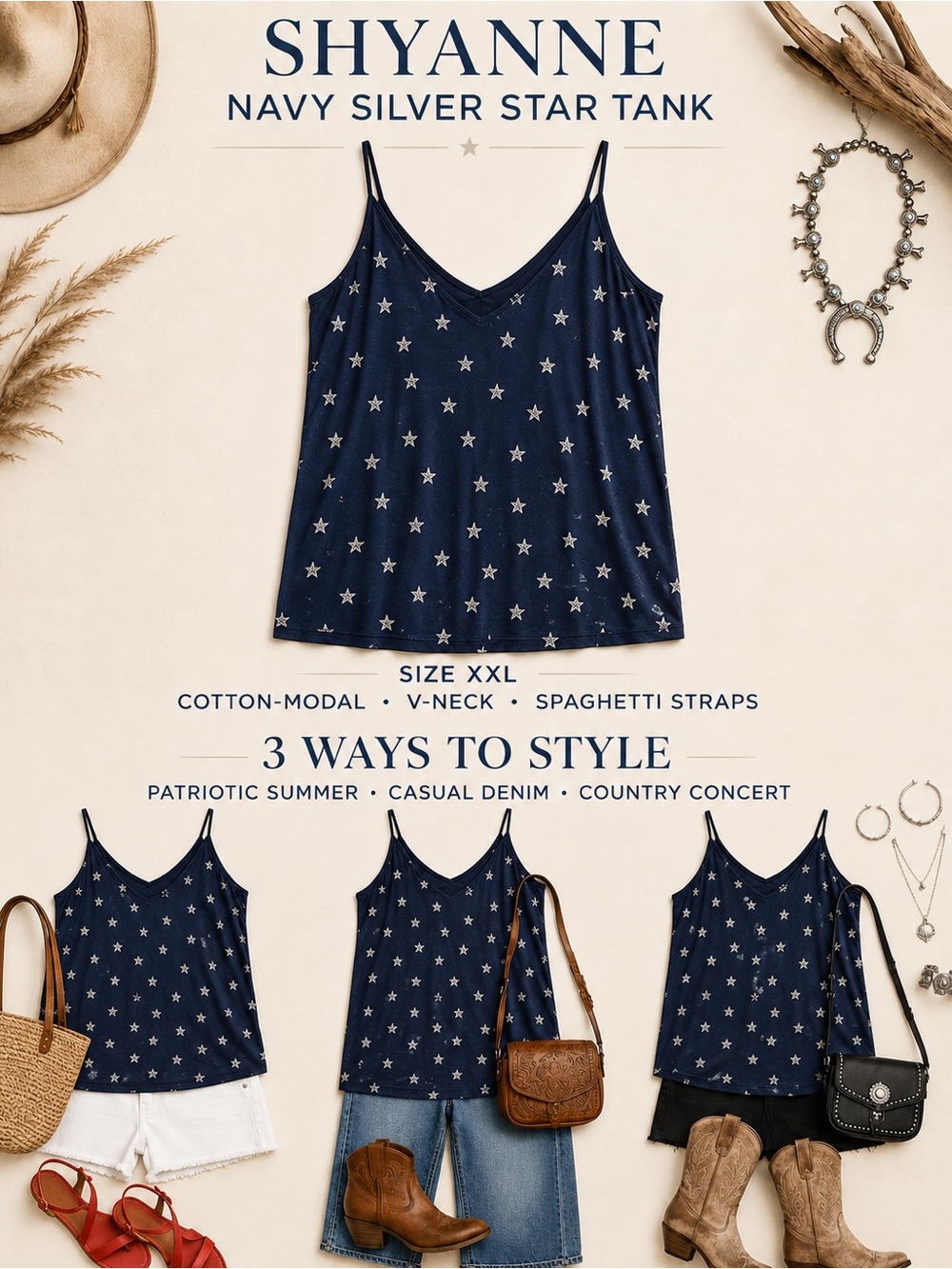 Shyanne Navy Silver Star V-Neck Cami Tank Top Women’s XXL